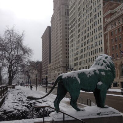 The south lion on a snowy day