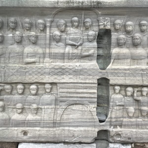 The NE side: Theodosius and sons overlook the crowd, flanked by lines of court officials and guards