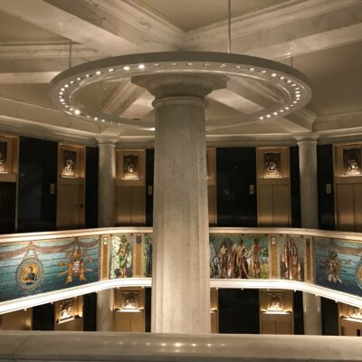 The second story of the Marquette Building's lobby, decorated with Tiffany mosaics