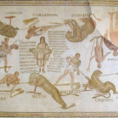The beast hunts. This is the famous Magerius Mosaic, which shows venatores (hunters) killing named leopards. Now in the Sousse Archaeological Museum, Tunisia.