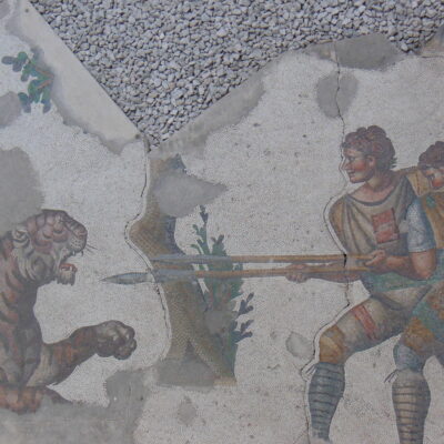 Venatores take on a tiger. From the Great Palace Mosaic Museum, Istanbul.
