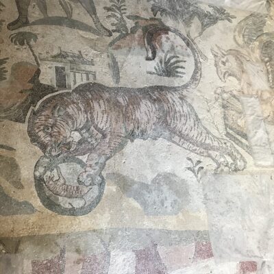 A tigress pounces on a mirror, mistaking her own reflection for one of her cubs. In the meantime, a hunter escapes with the real cub. From the Villa Romana del Casale, Piazza Armerina, Sicily. 
