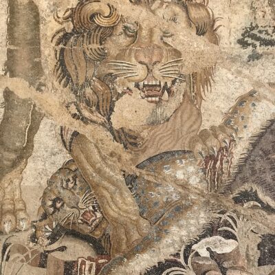 A lion subdues a leopard in this magnificent mosaic from Pompeii (now in the Naples Archaeological Museum).