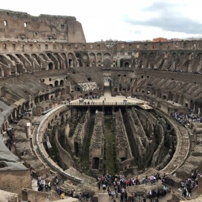 The arena of the Colosseum rested on a dense network of halls, cages, and elevators. All but the largest animals were kept here before the games and entered the arena via trapdoors.