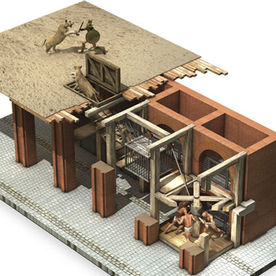 A reconstruction of one of the Colosseum's 28 slave-powered elevators.