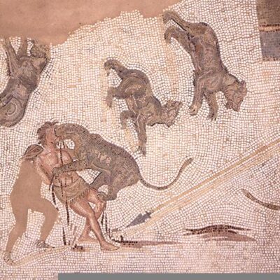 A man condemned "ad bestias" (to the beasts). From a mosaic in the Archaeological Museum of El Djem, Tunisia.